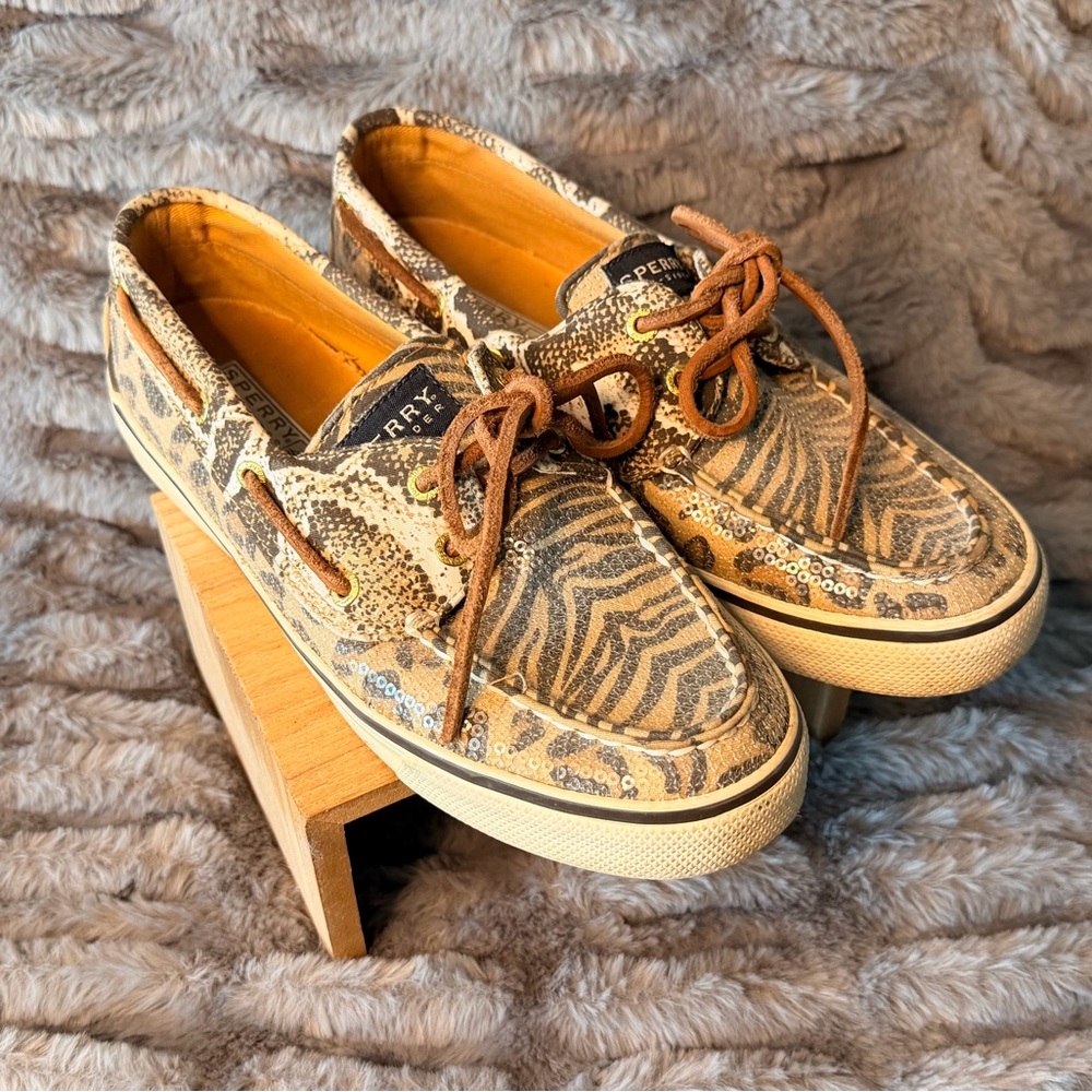 Sperry Women’s Tan and Brown Animal Print Boat Shoes